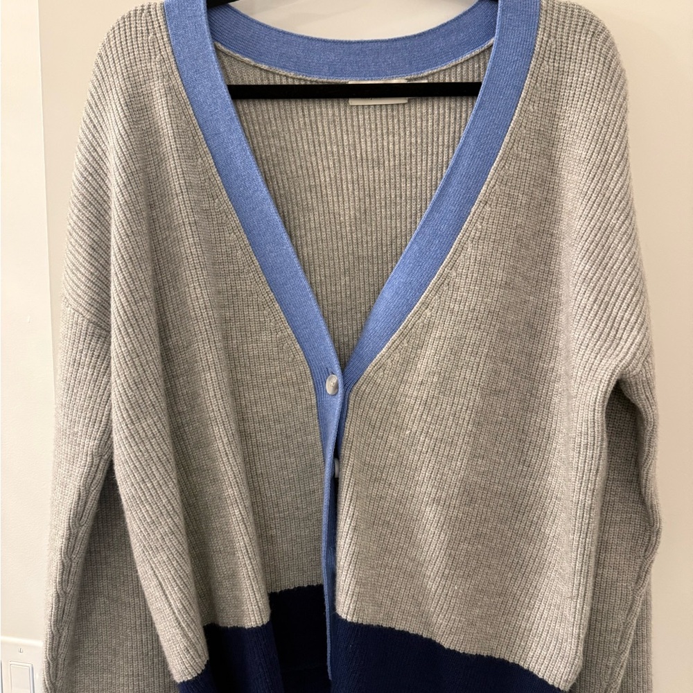 Vineyard Vines Gray Cardigan with Light Blue Trim and Navy Hem